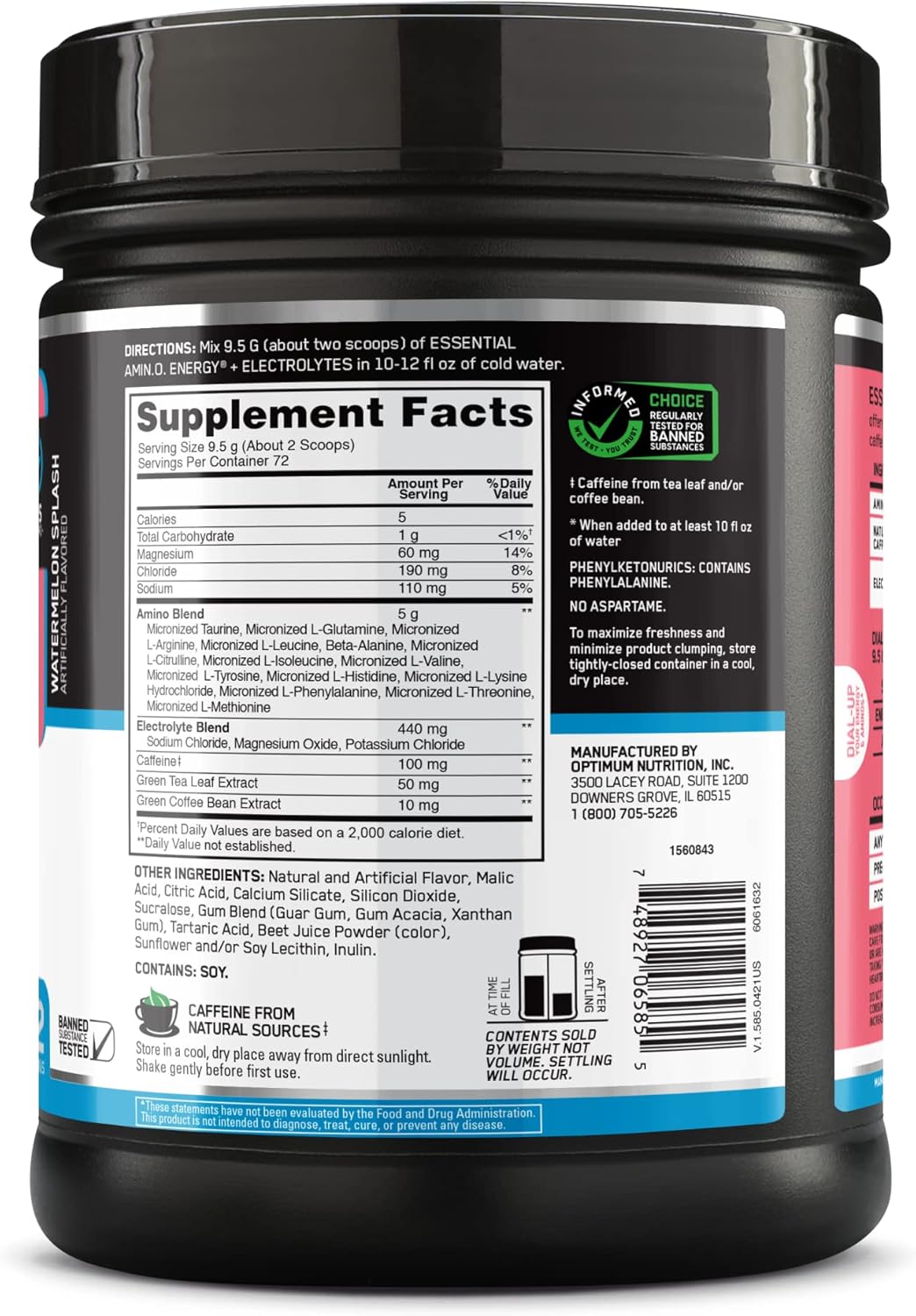 Optimum Nutrition Amino Energy & Electrolytes Powder - Watermelon Splash Flavor - Pre-Workout Drink for Energy, Focus, and Recovery - 1.51 lb (72 Servings)