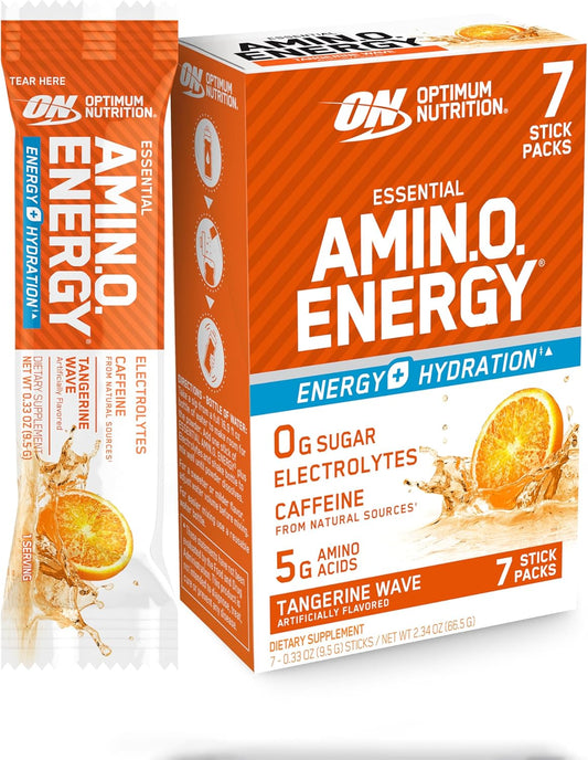 Optimum Nutrition Amino Energy Plus Electrolytes Stick Packs, Tangerine Wave Flavor, 7 Packets