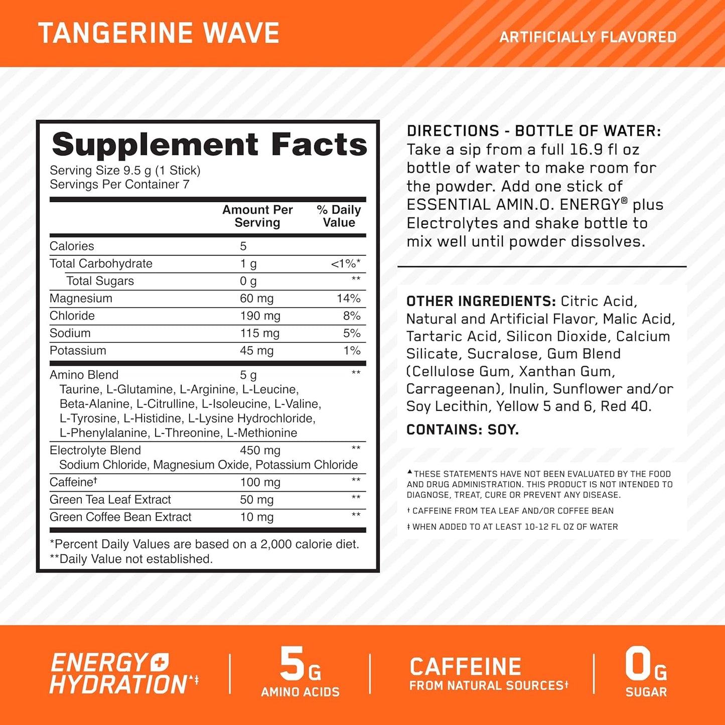 Optimum Nutrition Amino Energy Plus Electrolytes Stick Packs, Tangerine Wave Flavor, 7 Packets
