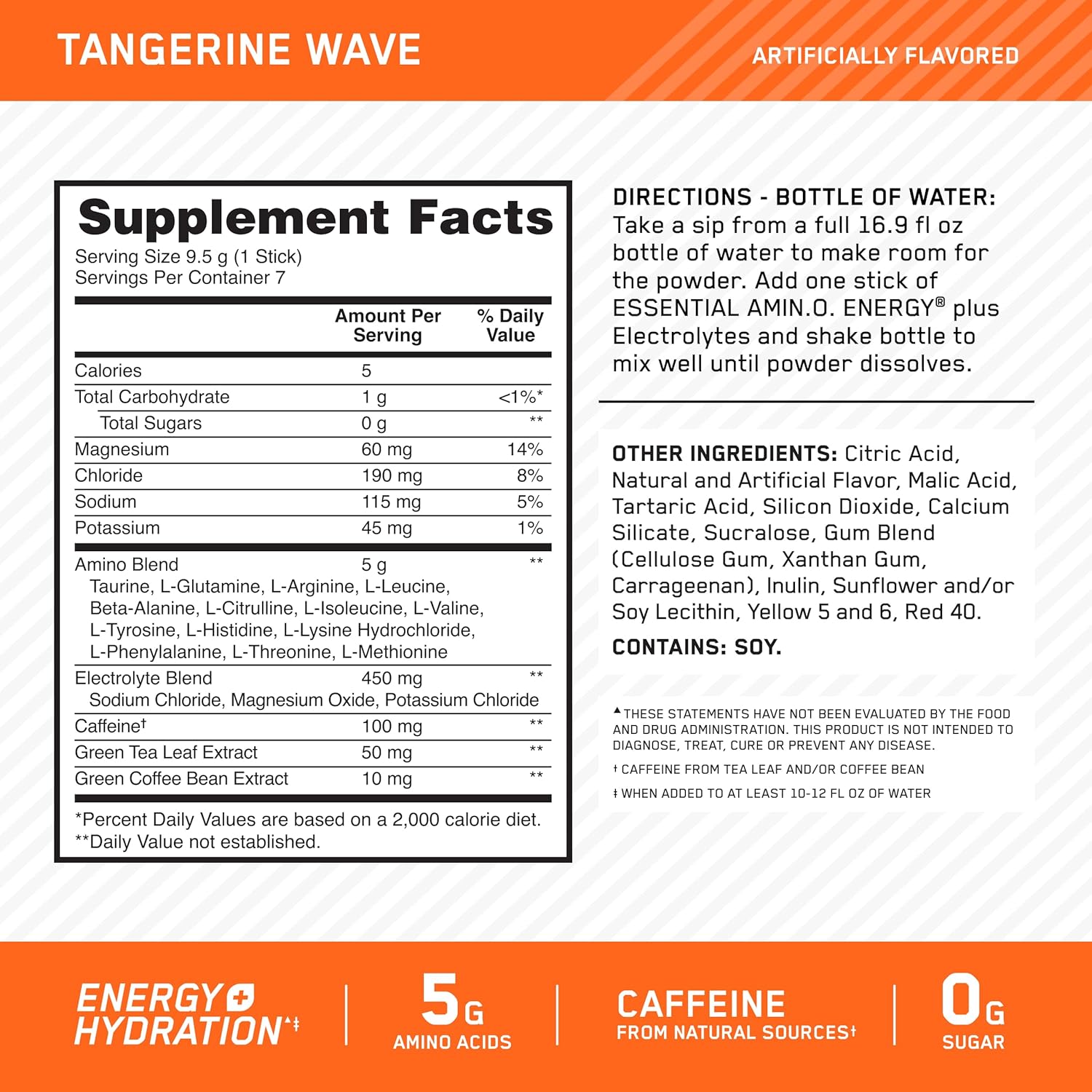Optimum Nutrition Amino Energy Plus Electrolytes Stick Packs, Tangerine Wave Flavor, 7 Packets