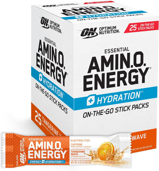 Optimum Nutrition Amino Energy Plus Hydration Packets in Tangerine Wave Flavor - 25 On-The-Go Powder Stick Packs
