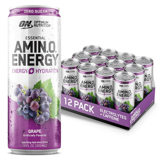 Optimum Nutrition Amino Energy Sparkling Hydration Drink, Grape Flavor, Sugar-Free, 12 Pack, 12 Fl Oz Each