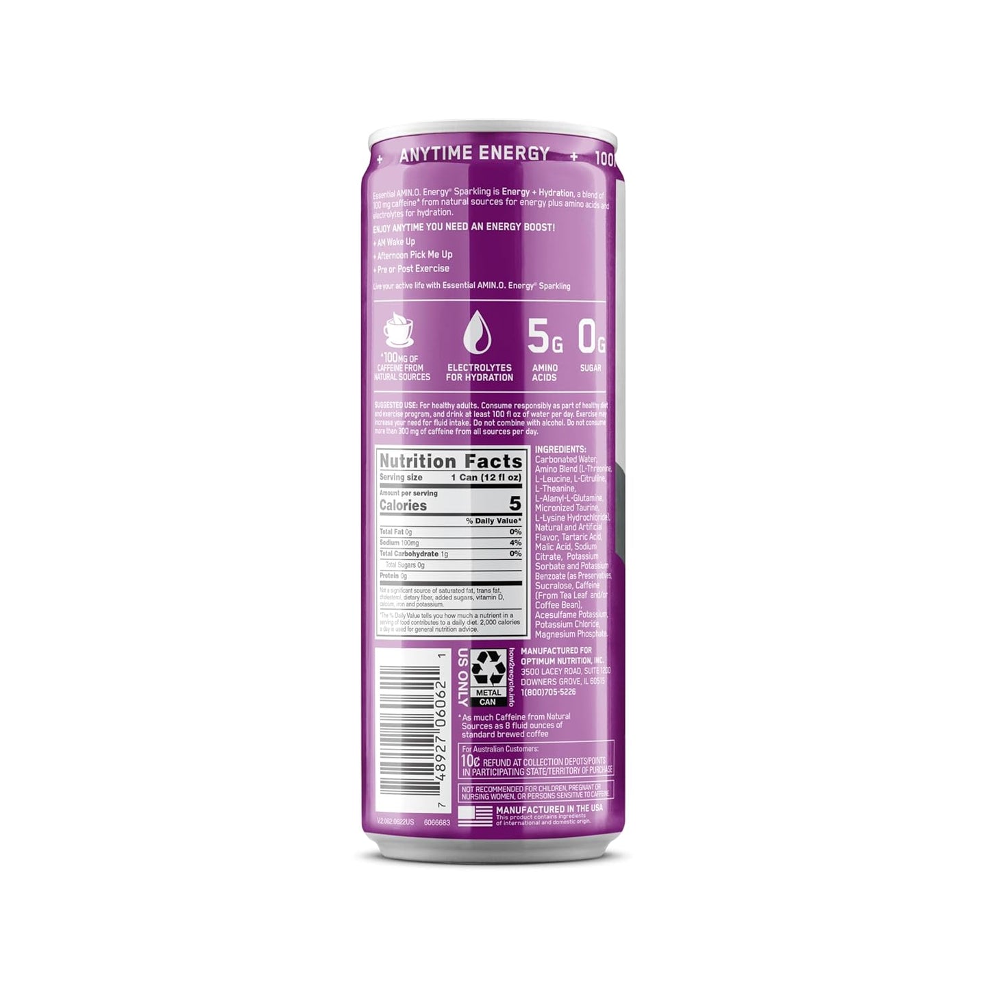 Optimum Nutrition Amino Energy Sparkling Hydration Drink, Grape Flavor, Sugar-Free, 12 Pack, 12 Fl Oz Each