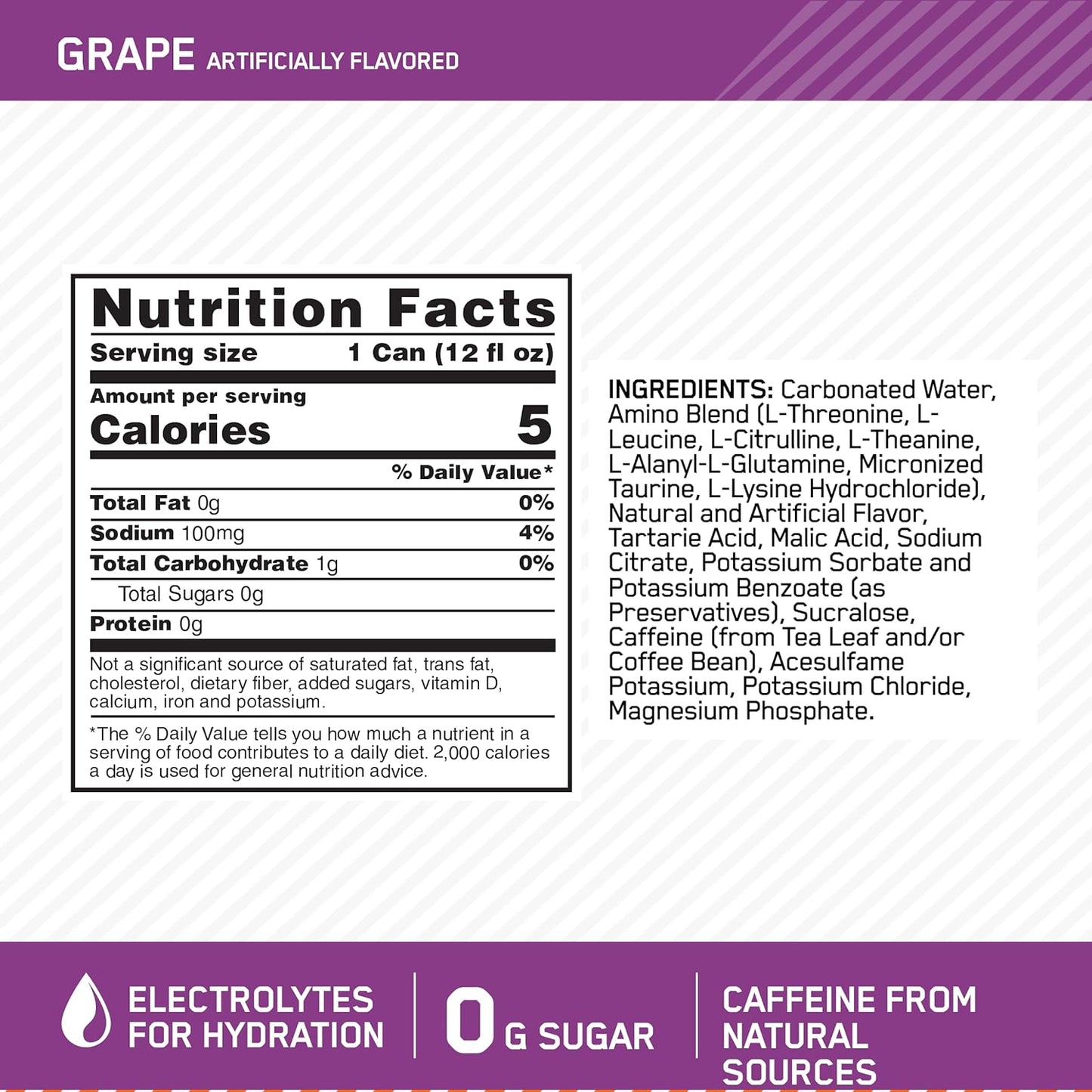 Optimum Nutrition Amino Energy Sparkling Hydration Drink, Grape Flavor, Sugar-Free, 12 Pack, 12 Fl Oz Each