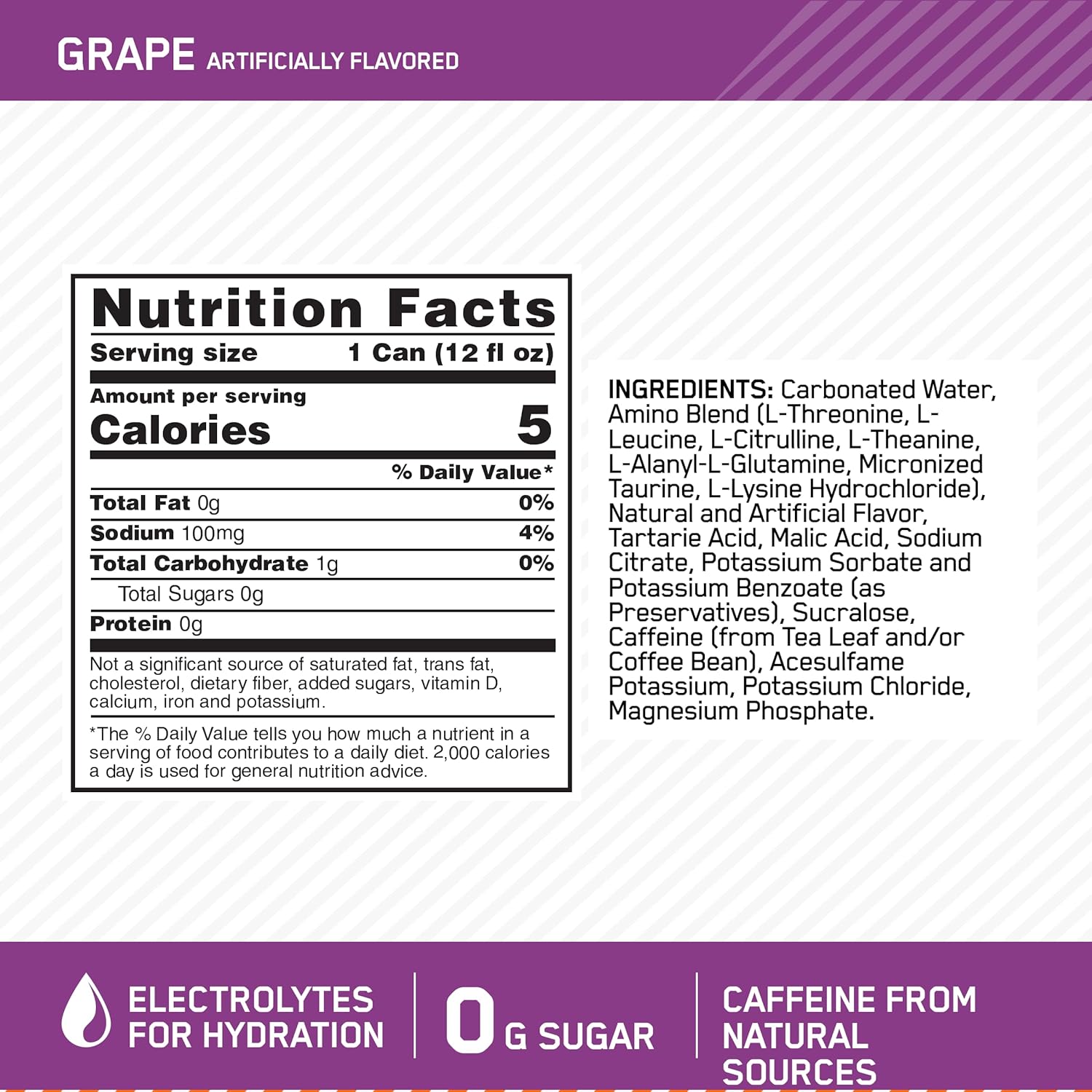 Optimum Nutrition Amino Energy Sparkling Hydration Drink, Grape Flavor, Sugar-Free, 12 Pack, 12 Fl Oz Each