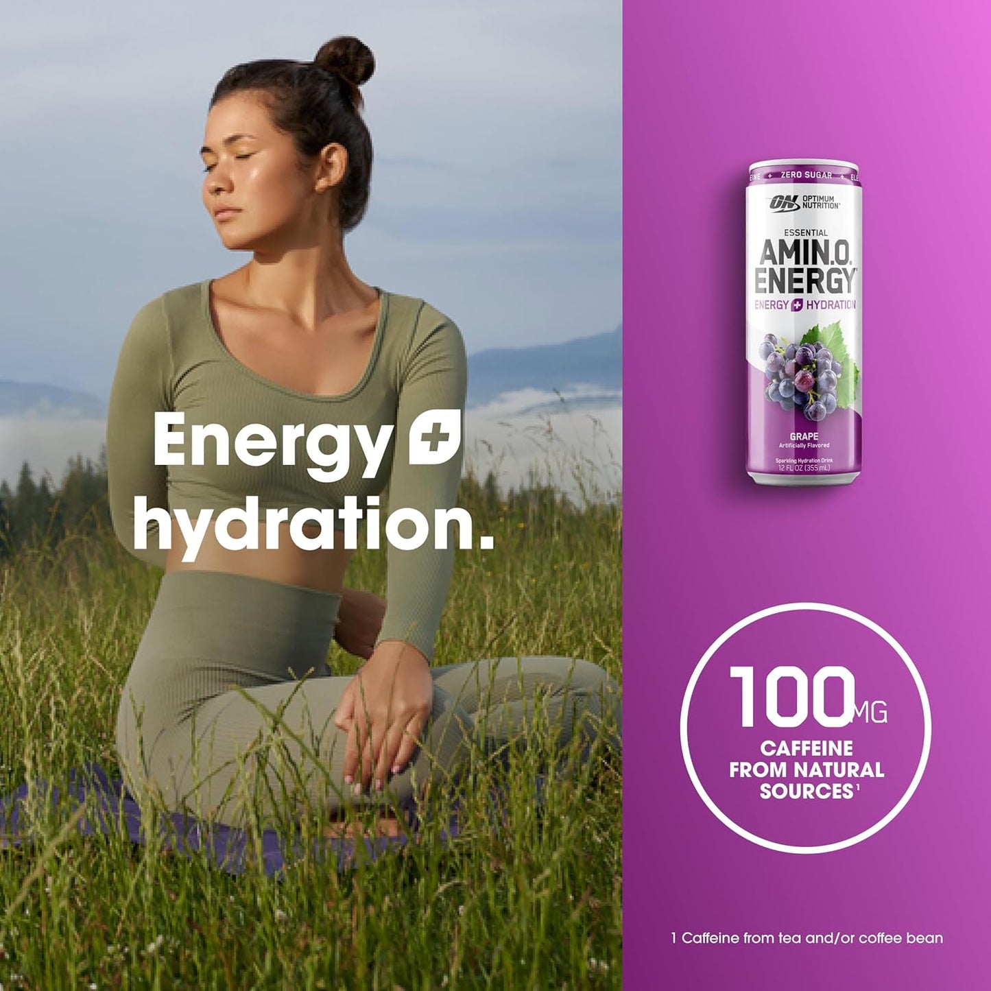 Optimum Nutrition Amino Energy Sparkling Hydration Drink, Grape Flavor, Sugar-Free, 12 Pack, 12 Fl Oz Each