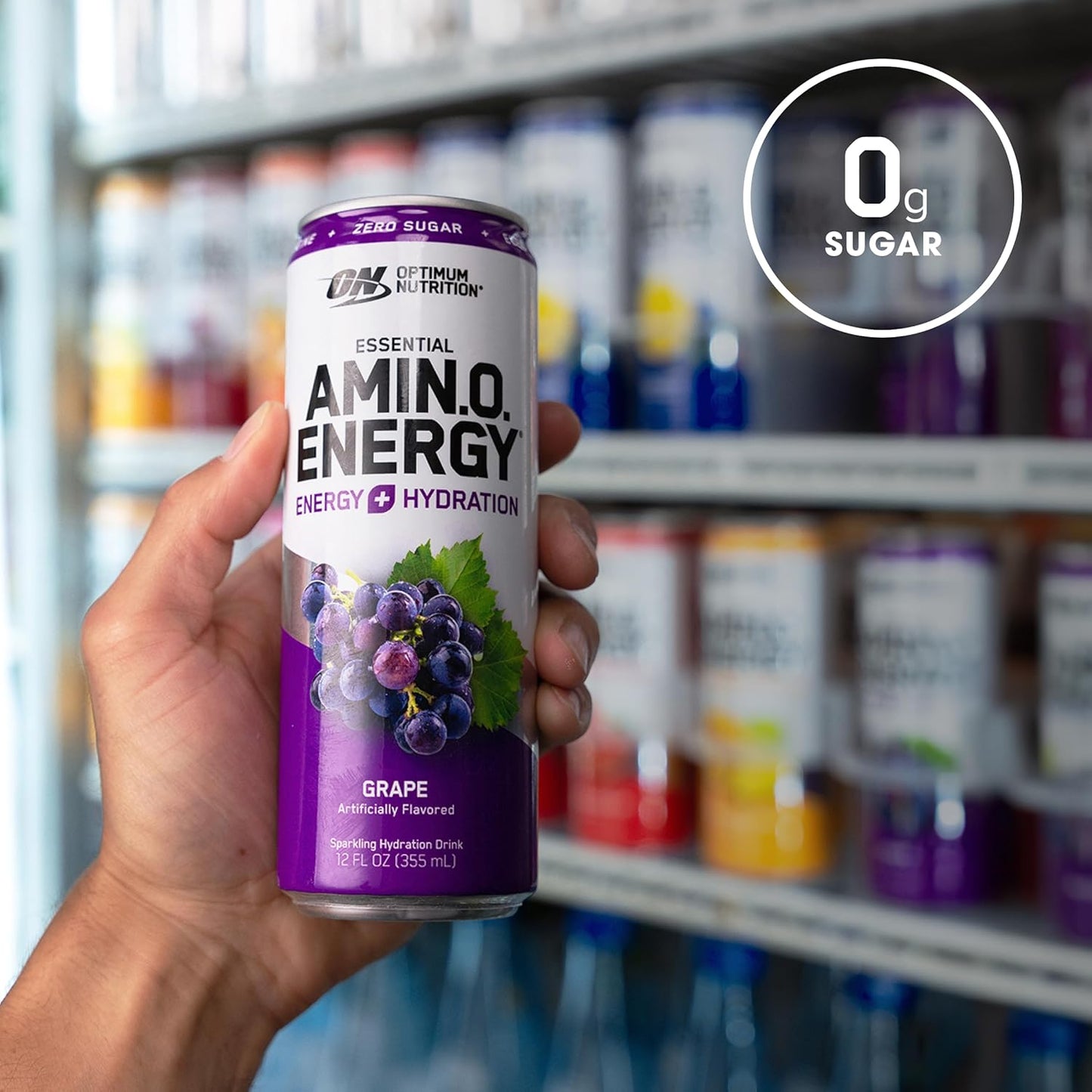 Optimum Nutrition Amino Energy Sparkling Hydration Drink, Grape Flavor, Sugar-Free, 12 Pack, 12 Fl Oz Each