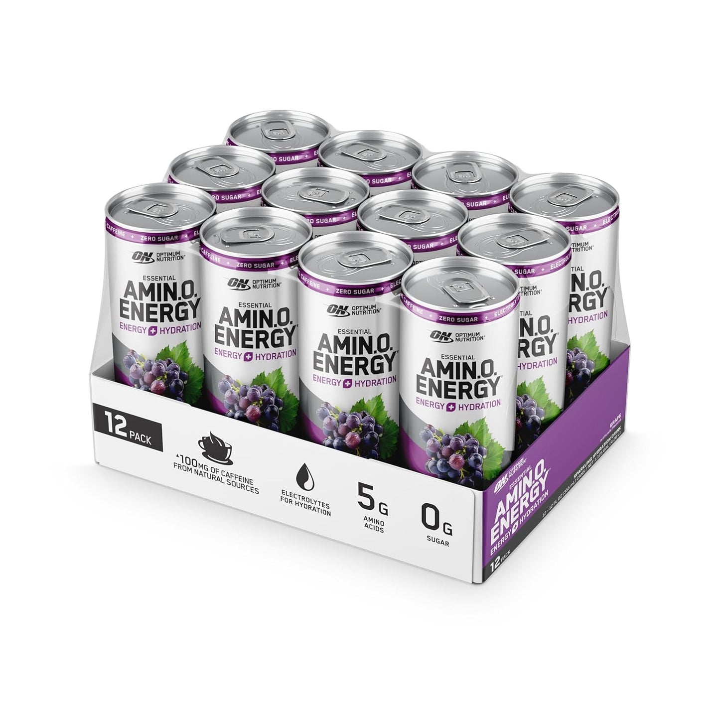 Optimum Nutrition Amino Energy Sparkling Hydration Drink, Grape Flavor, Sugar-Free, 12 Pack, 12 Fl Oz Each