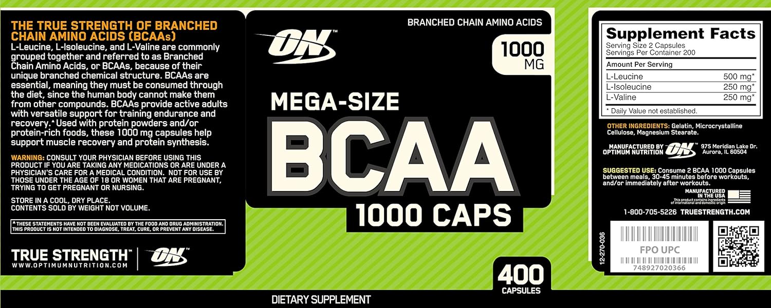 Optimum Nutrition BCAA 1000 - 400 Capsules for Muscle Recovery and Endurance