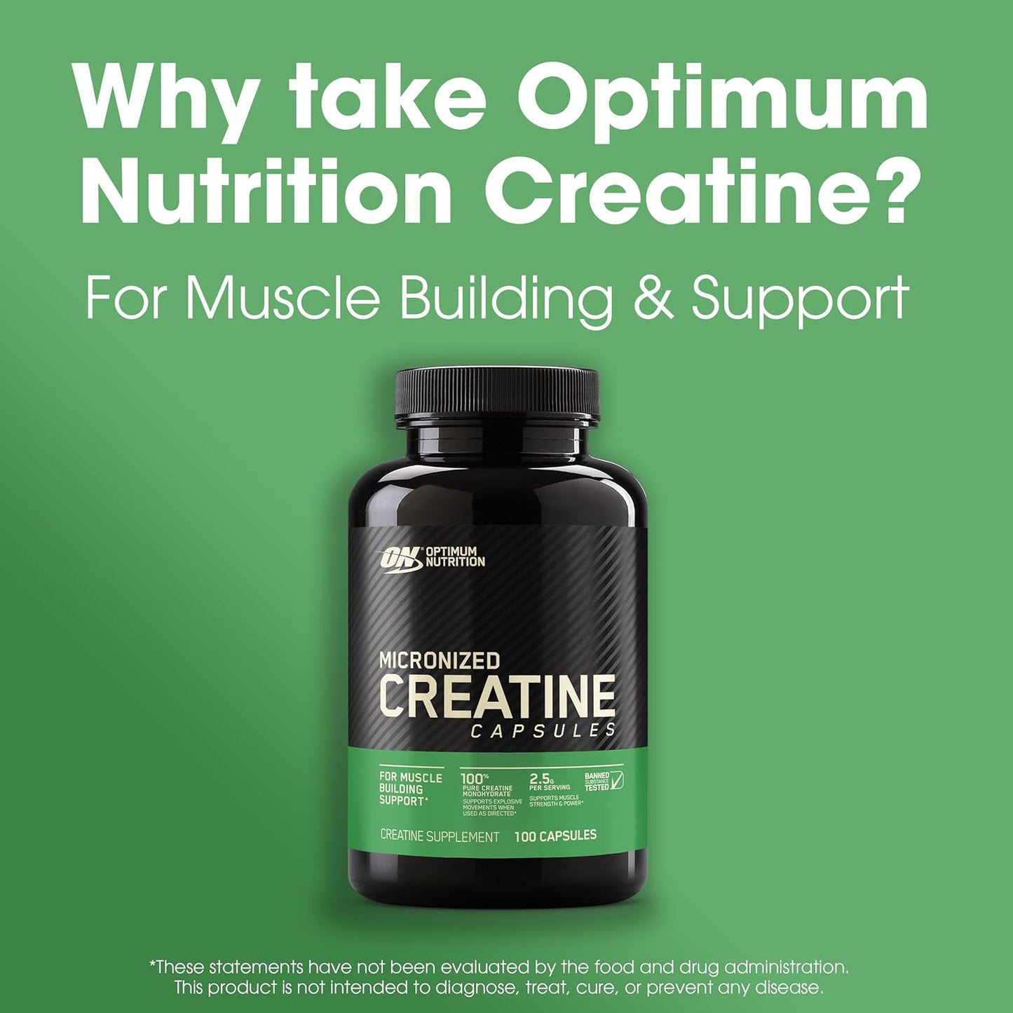 Optimum Nutrition Micronized Creatine Monohydrate Capsules - 2500mg, 100 Capsules - Keto Friendly Formula
