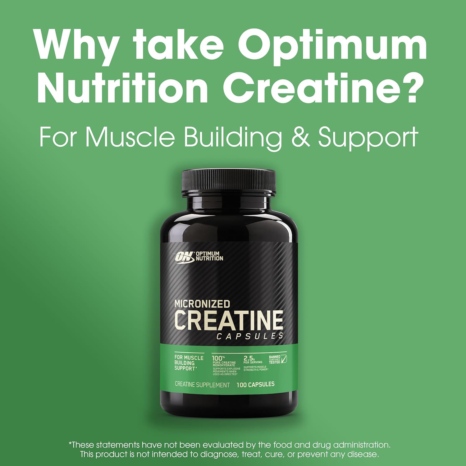 Optimum Nutrition Micronized Creatine Monohydrate Capsules - 2500mg, 100 Capsules - Keto Friendly Formula