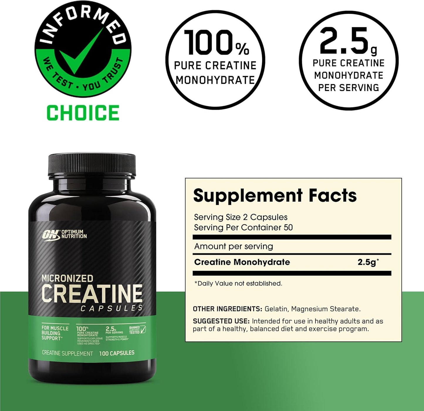 Optimum Nutrition Micronized Creatine Monohydrate Capsules - 2500mg, 100 Capsules - Keto Friendly Formula