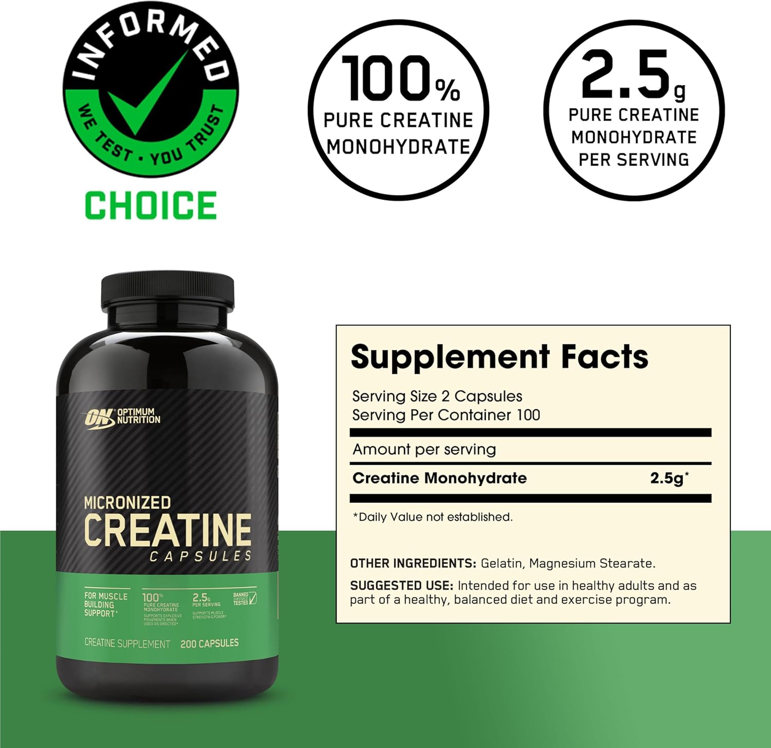Optimum Nutrition Micronized Creatine Monohydrate Capsules - Keto Friendly, 2500mg, 200 Capsules