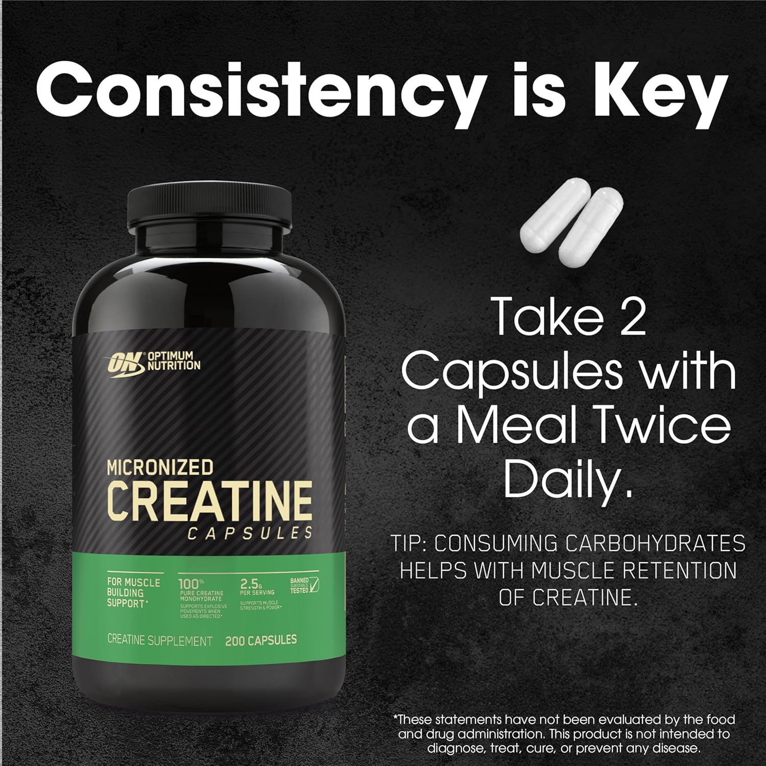 Optimum Nutrition Micronized Creatine Monohydrate Capsules - Keto Friendly, 2500mg, 200 Capsules