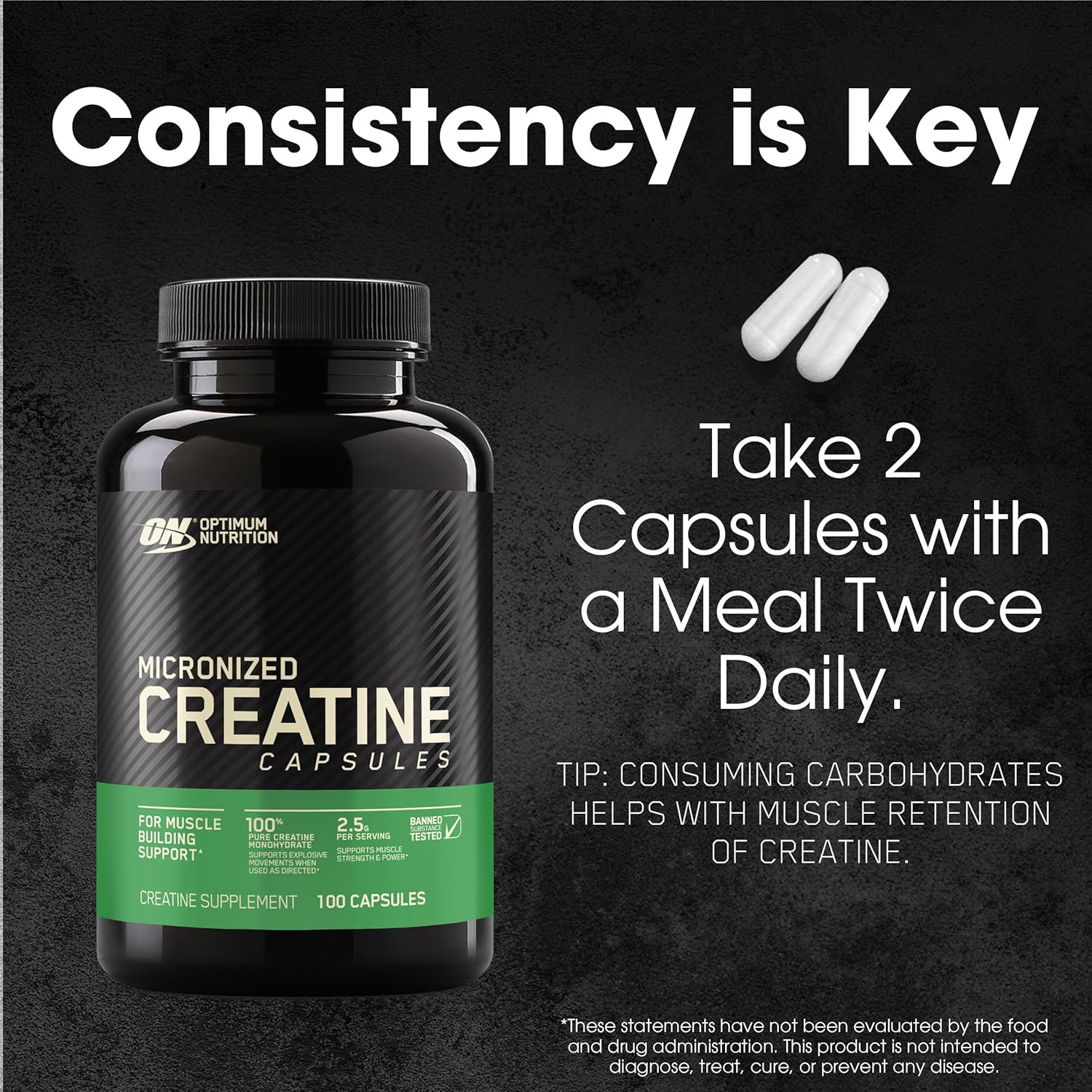 Optimum Nutrition Micronized Creatine Monohydrate Capsules - 2500mg, 100 Capsules - Keto Friendly Formula