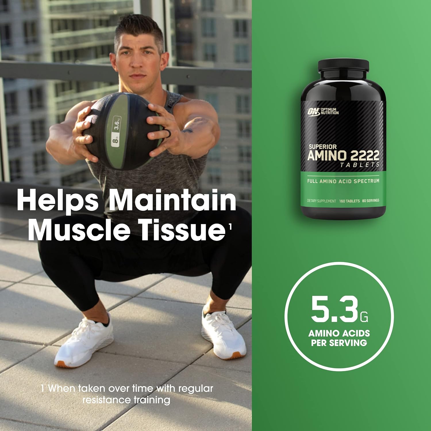 Optimum Nutrition Superior Amino 2222 Tablets - Complete Essential Amino Acids - 160 Count