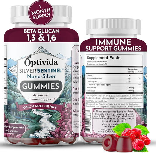 Optivida Nano Silver Beta Glucan Gummies - 60 Count Immune Support Supplements - Orchard Berry Flavor - Colloidal Silver with Beta Glucan 100 for Immune Health