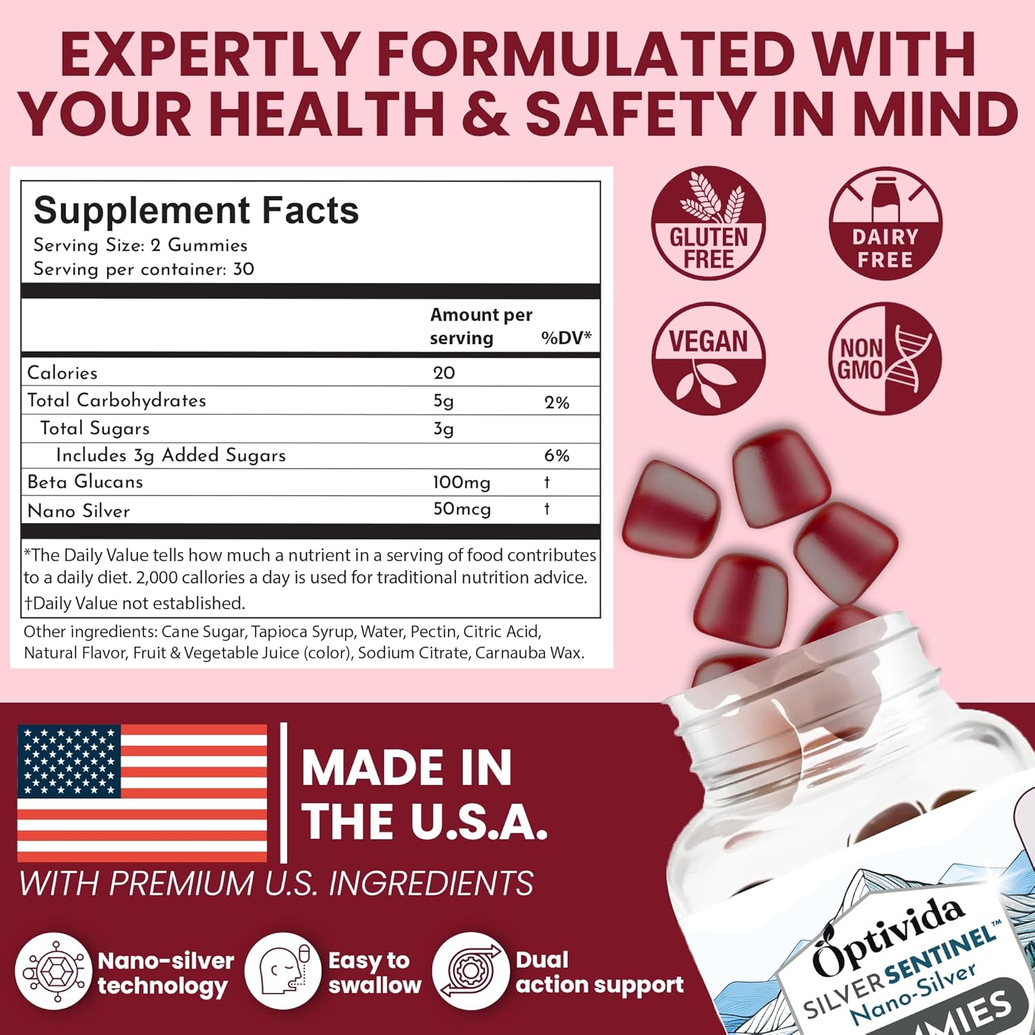 Optivida Nano Silver Beta Glucan Gummies - 60 Count Immune Support Supplements - Orchard Berry Flavor - Colloidal Silver with Beta Glucan 100 for Immune Health
