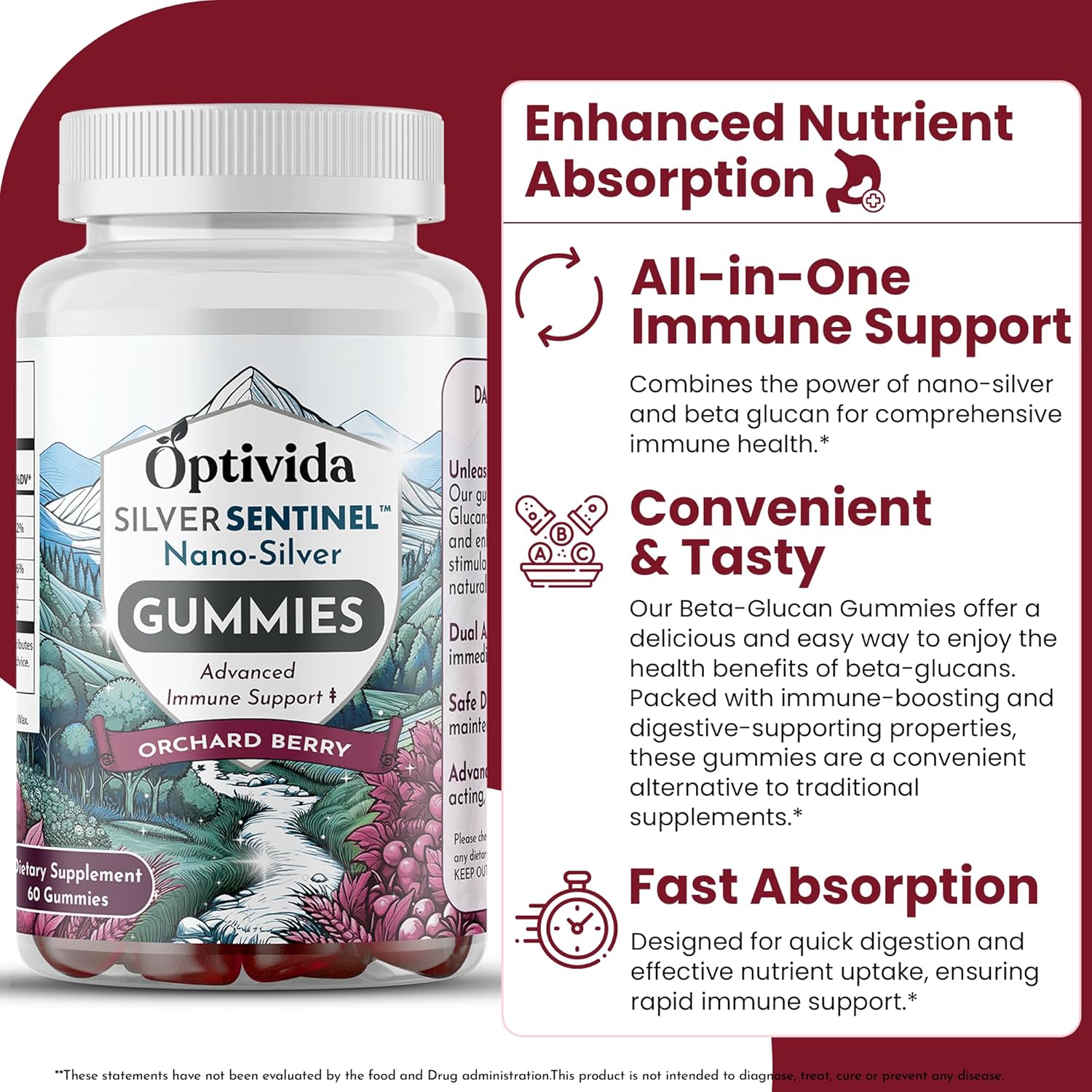 Optivida Nano Silver Beta Glucan Gummies - 60 Count Immune Support Supplements - Orchard Berry Flavor - Colloidal Silver with Beta Glucan 100 for Immune Health