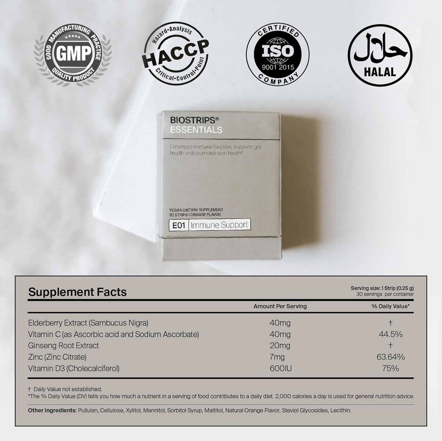 Oral Supplement Strips for Immune Support with Vitamin C, Vitamin D, Zinc, and Elderberry - 30 ct