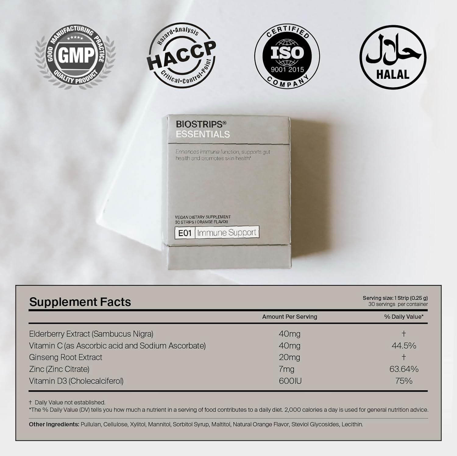 Oral Supplement Strips for Immune Support with Vitamin C, Vitamin D, Zinc, and Elderberry - 30 ct