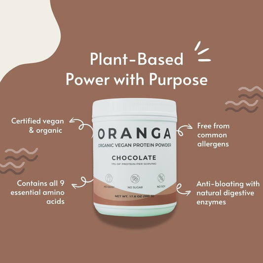 Oranga Organic Vegan Protein Powder - Tri-Blend Plant Based Protein - No Additives, Dairy, Soy, Keto, Gluten, Non-GMO - 17 Servings (442g) - Large Chocolate Flavor