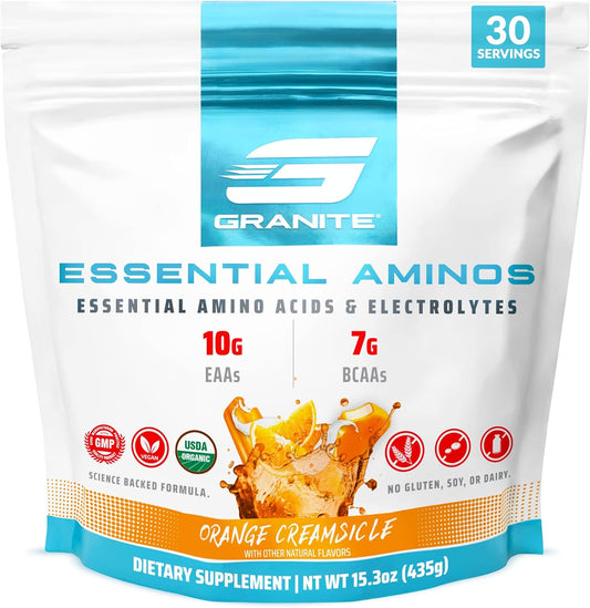 Orange Creamsicle Granite Essential Amino Acids Powder - 10g EAAs, 7g BCAAs, Muscle Recovery & Growth - Soy-Free, Gluten-Free - 30 Servings
