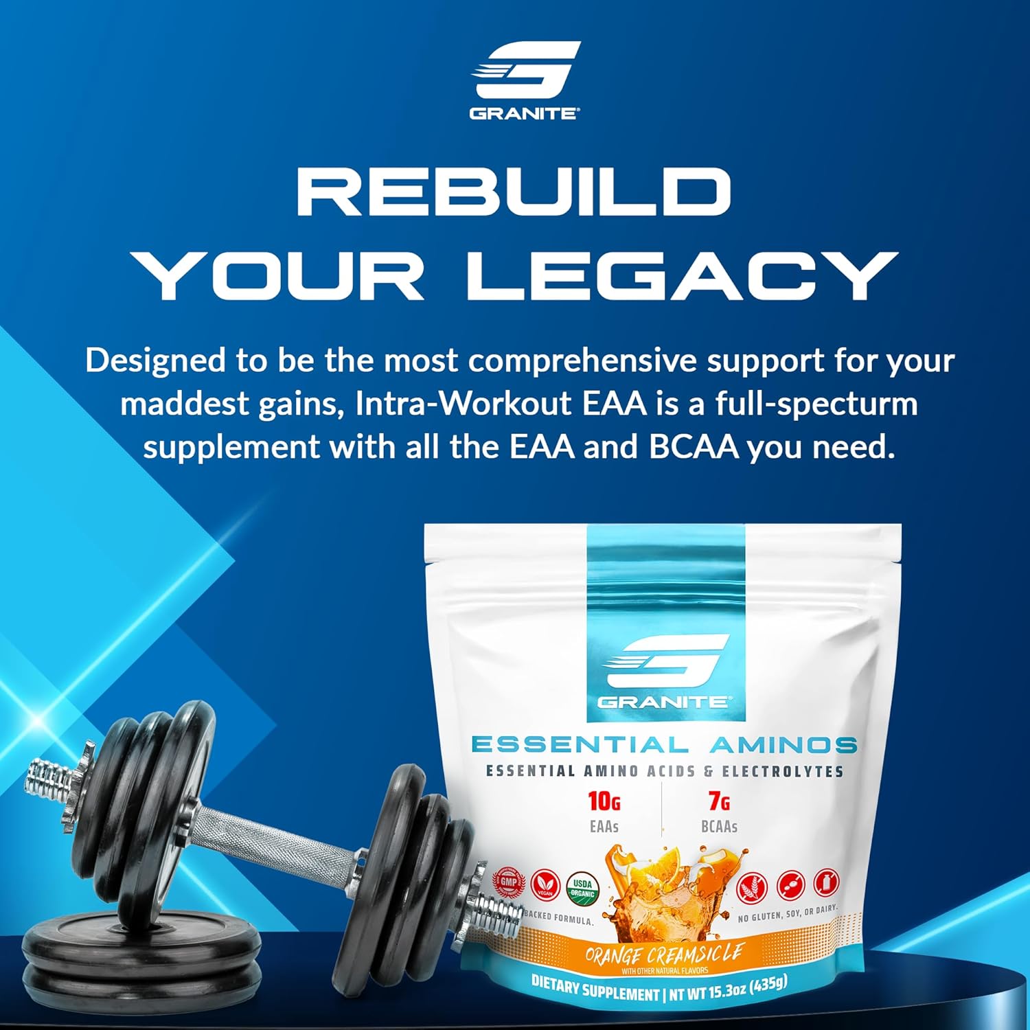 Orange Creamsicle Granite Essential Amino Acids Powder - 10g EAAs, 7g BCAAs, Muscle Recovery & Growth - Soy-Free, Gluten-Free - 30 Servings
