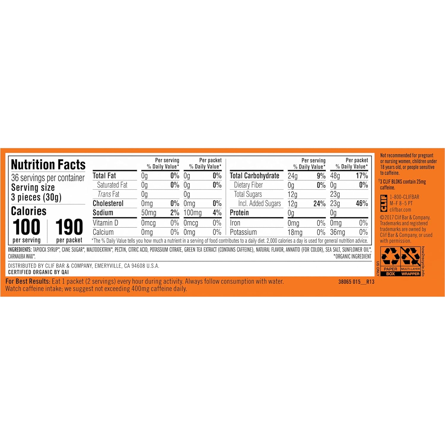 Orange Flavored CLIF BLOKS with Caffeine - Energy Chews for Cycling and Running - Non-GMO, Plant Based - Fast Fuel for Endurance - 2.12 oz. (18 Count)