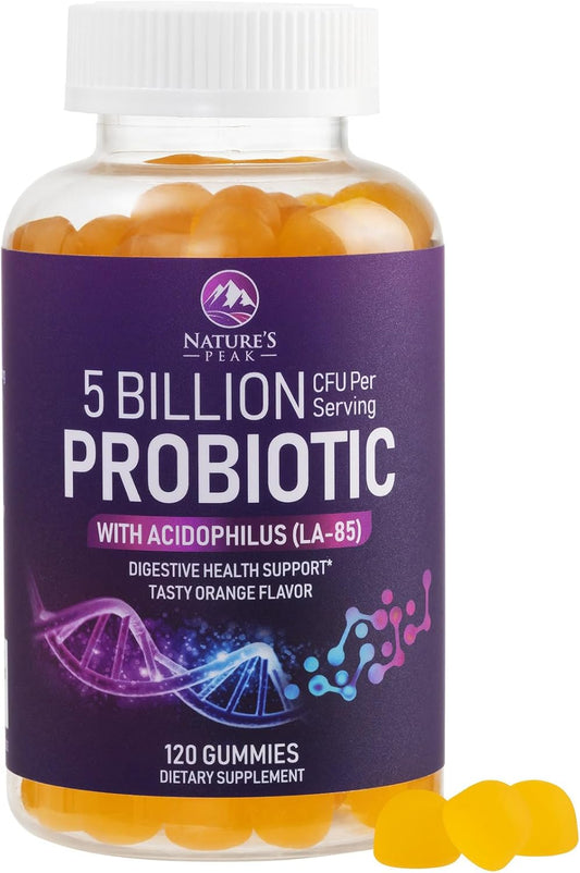 Orange Flavored Probiotic Gummies - 5 Billion CFUs, 6 Strains - Digestive Health & Immune Support - 120 Count