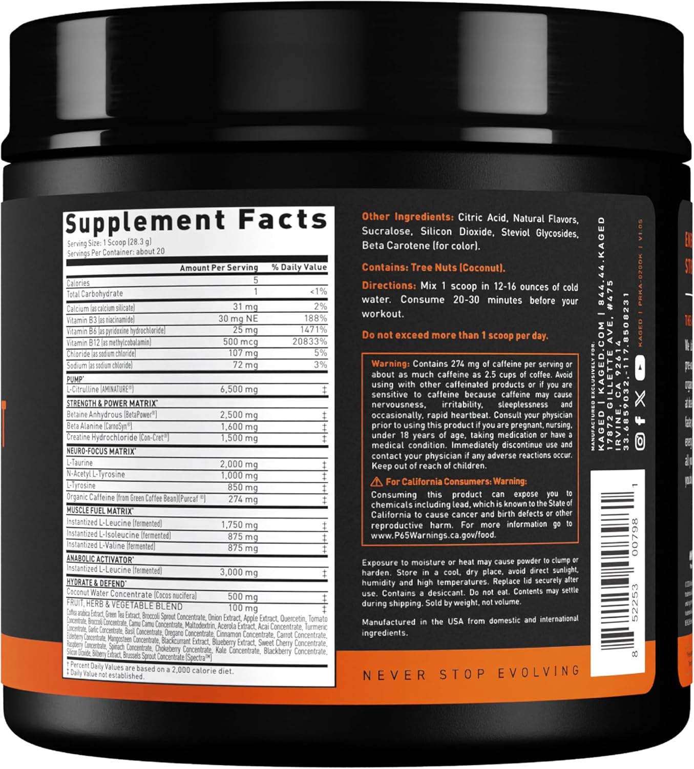 Orange Krush Pre-Kaged Pre Workout Powder | Formulated with Creatine, Beta Alanine, and Pure Caffeine | 20 Servings