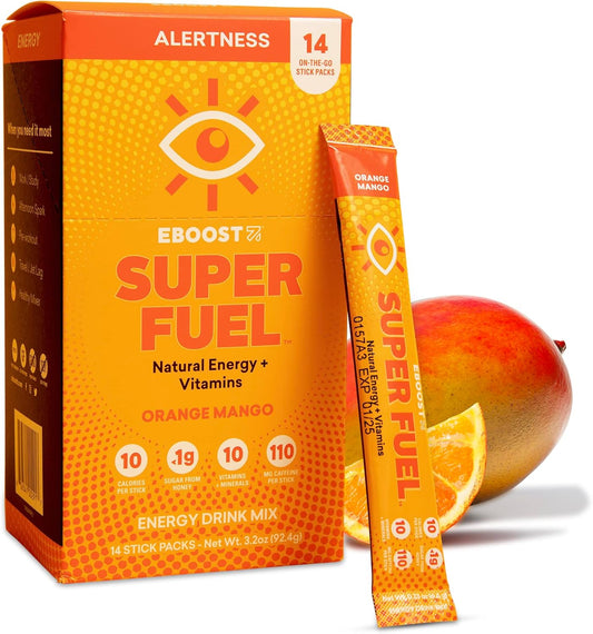 Orange Mango EBOOST Energy Drink Powder - 14 Packets - Natural Pre-Workout Mix with L-Tyrosine, L-Theanine, and Vitamins for Men & Women