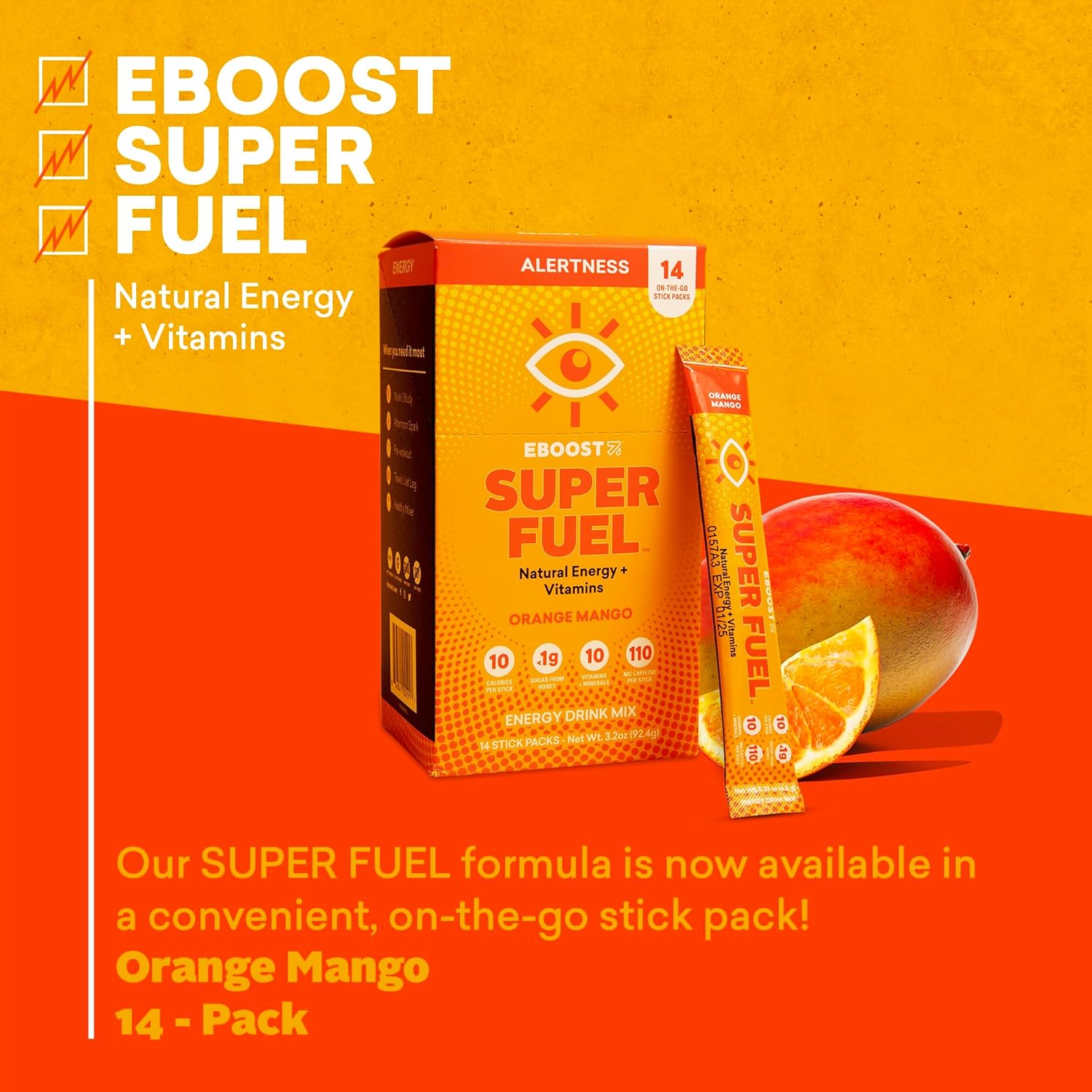 Orange Mango EBOOST Energy Drink Powder - 14 Packets - Natural Pre-Workout Mix with L-Tyrosine, L-Theanine, and Vitamins for Men & Women