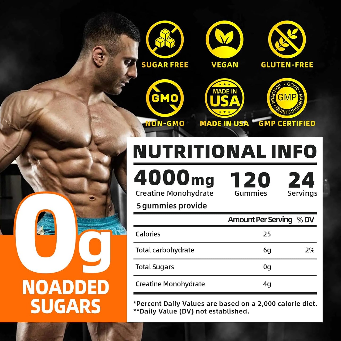 Orange Vegan Creatine Monohydrate Gummies - 4g per Serving - Pre-Workout Supplement for Men & Women - Sugar Free - 120 Count
