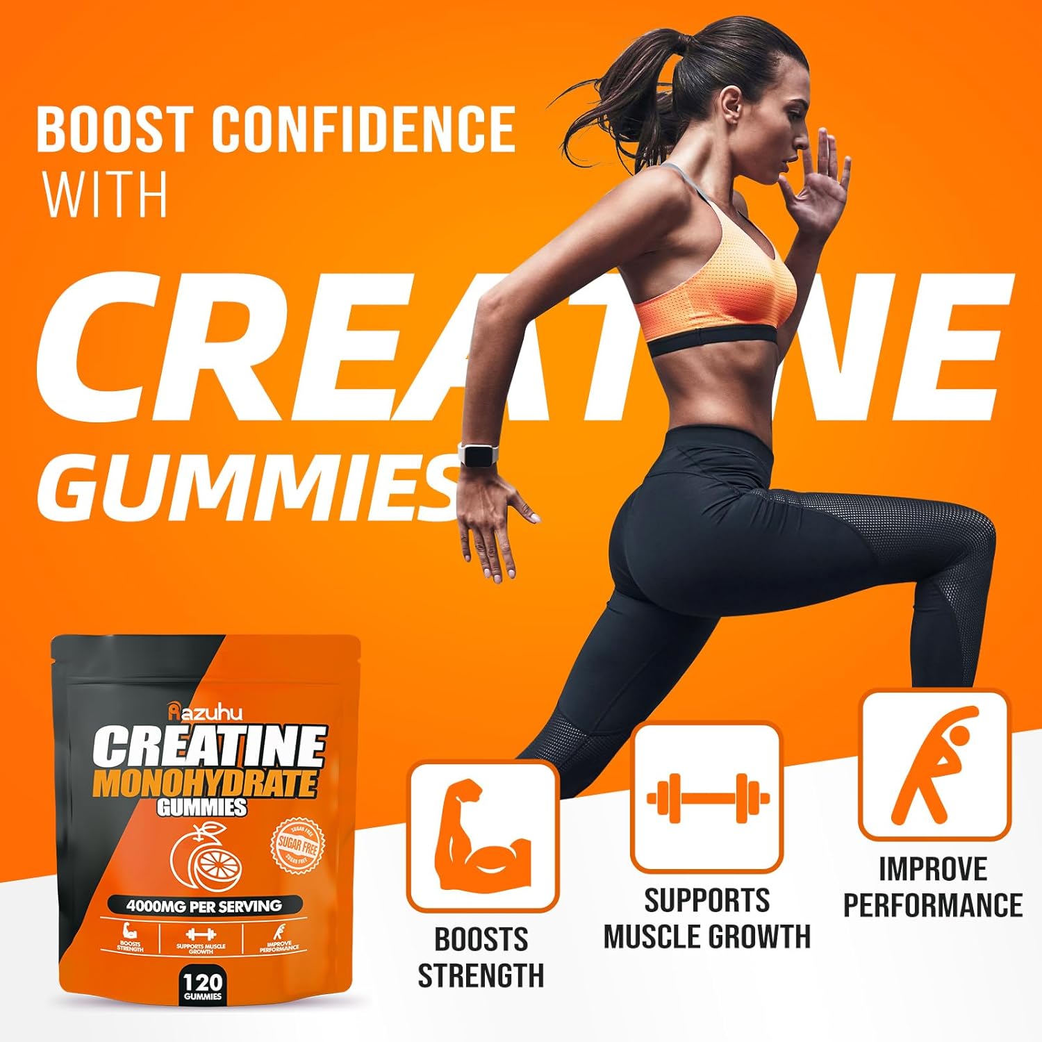 Orange Vegan Creatine Monohydrate Gummies - 4g per Serving - Pre-Workout Supplement for Men & Women - Sugar Free - 120 Count