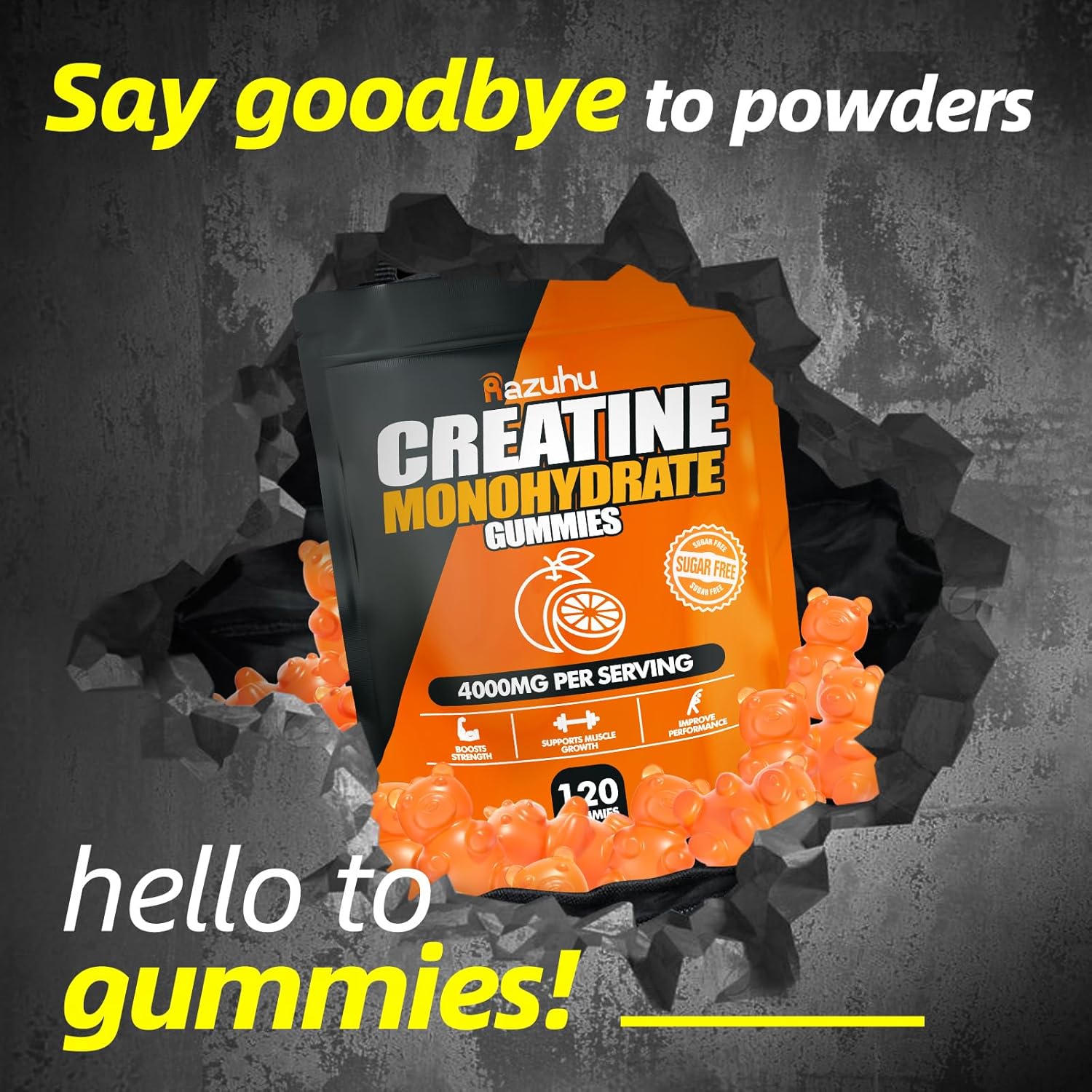 Orange Vegan Creatine Monohydrate Gummies - 4g per Serving - Pre-Workout Supplement for Men & Women - Sugar Free - 120 Count
