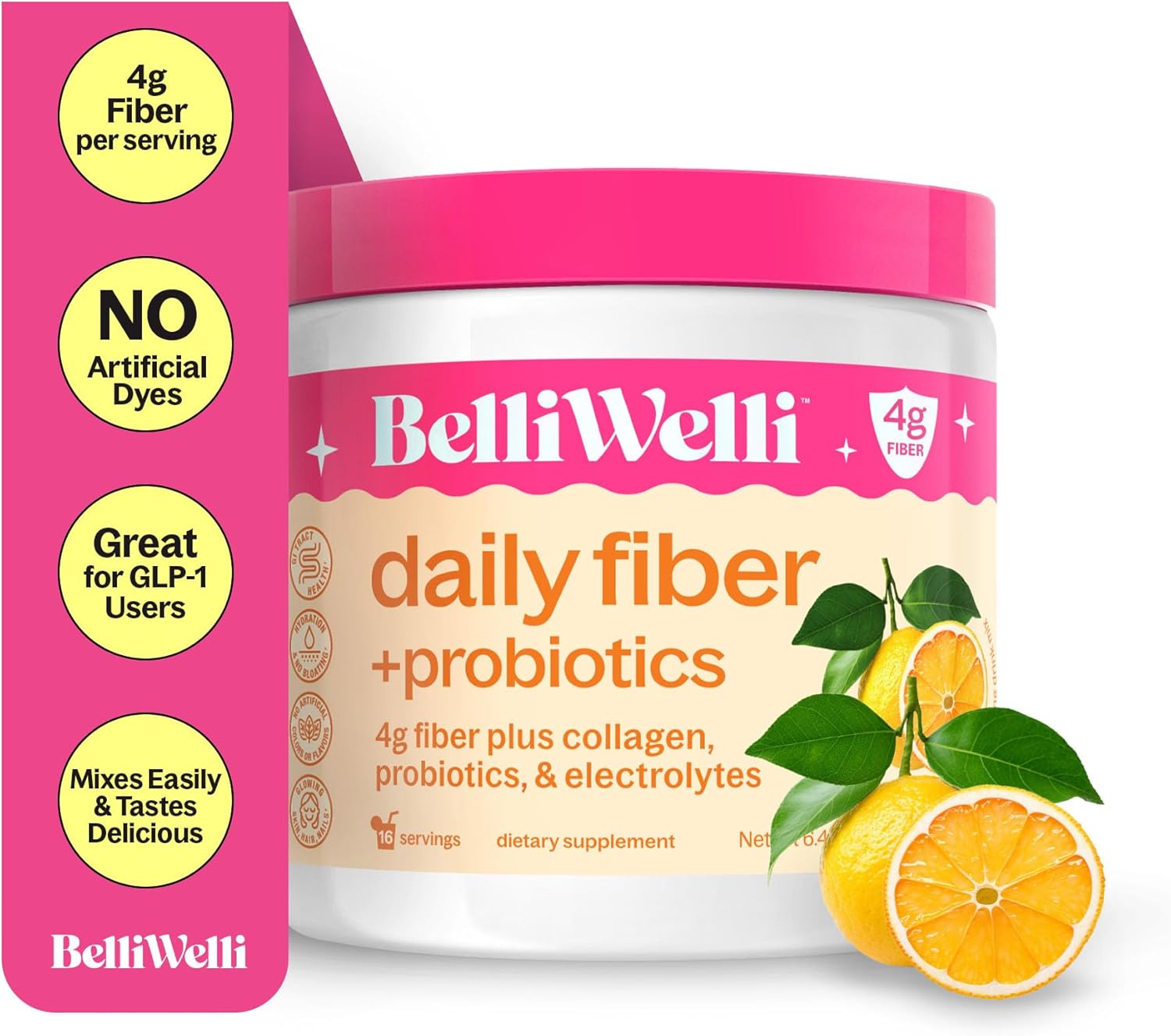 Orange Yuzu Mandarin Daily Fiber Supplement Powder with Collagen, Probiotics & Electrolytes - Supports Digestive Health, Gut Balance, Debloating - 16 Servings
