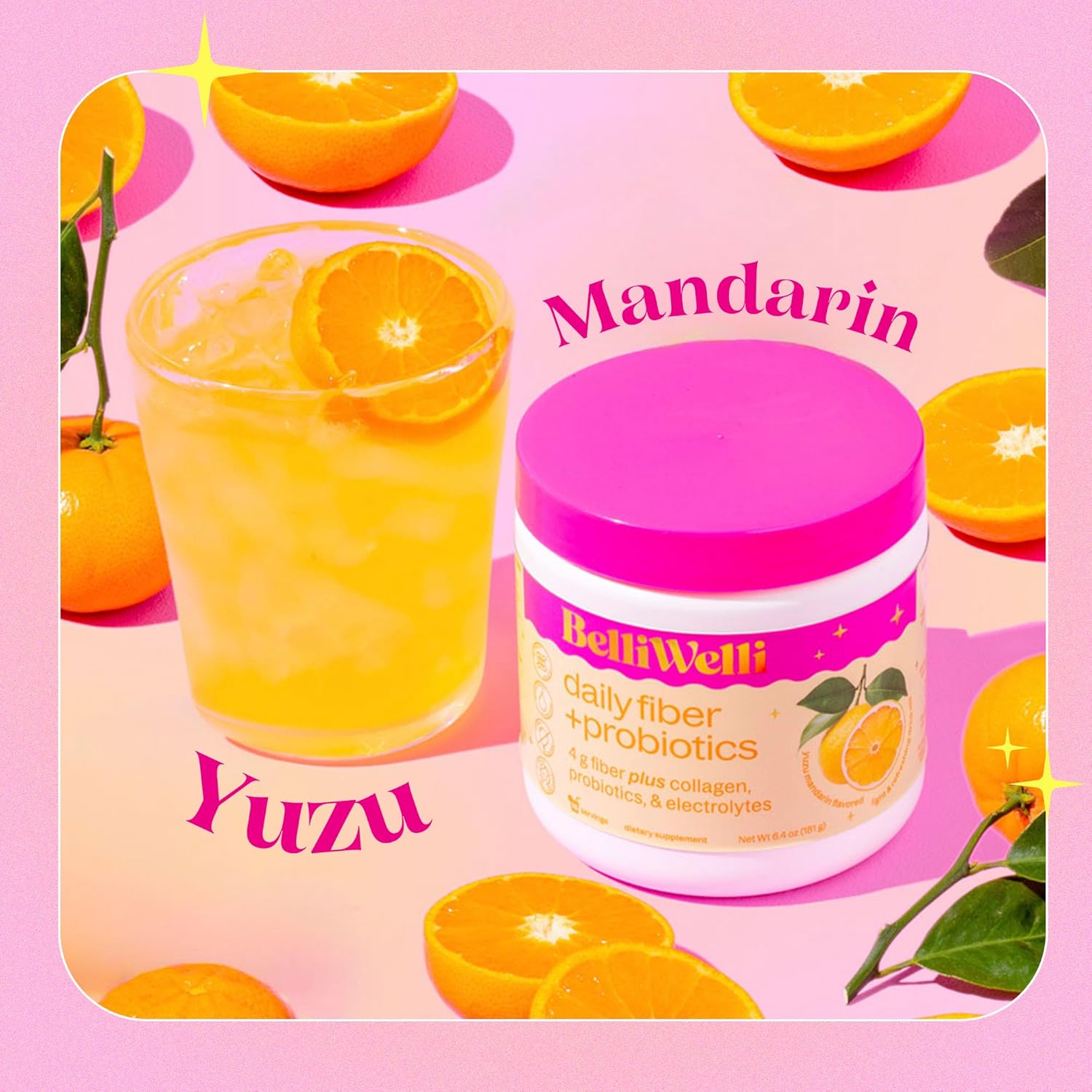 Orange Yuzu Mandarin Daily Fiber Supplement Powder with Collagen, Probiotics & Electrolytes - Supports Digestive Health, Gut Balance, Debloating - 16 Servings