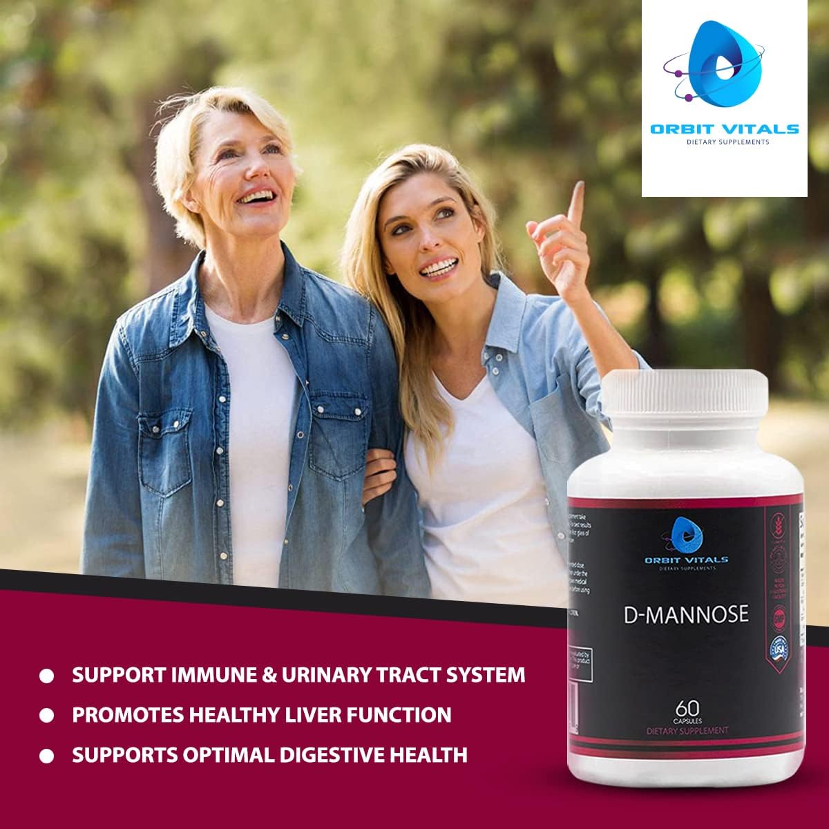 Orbit Vitals D-Mannose Capsules with Cranberry, Dandelion & Hibiscus - Supports Bladder & Urinary Tract Health, Flushes Impurities - Gluten Free & Non GMO - 60 Count
