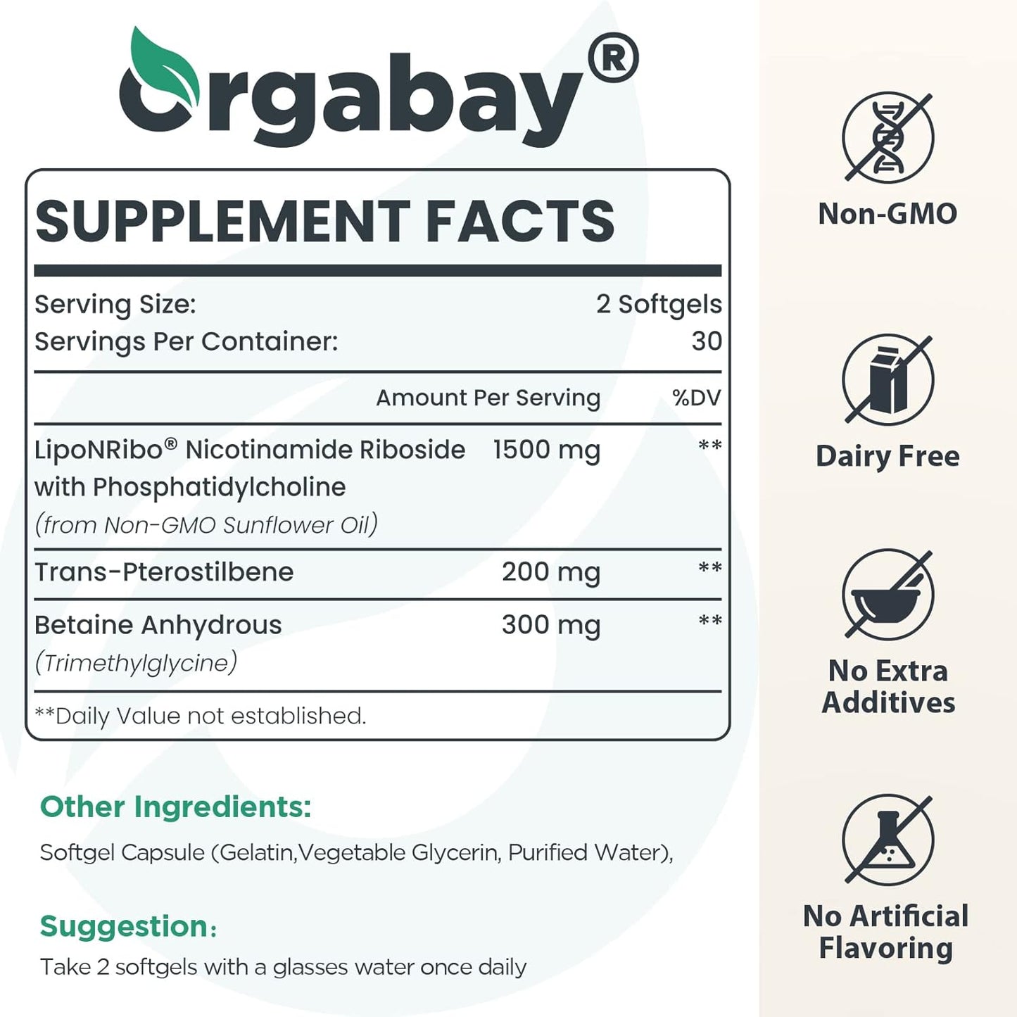 Orgabay Liposomal NR 2000 MG with TMG and Pterostilbene | NAD+ Booster for Healthy Aging | 120 Capsules