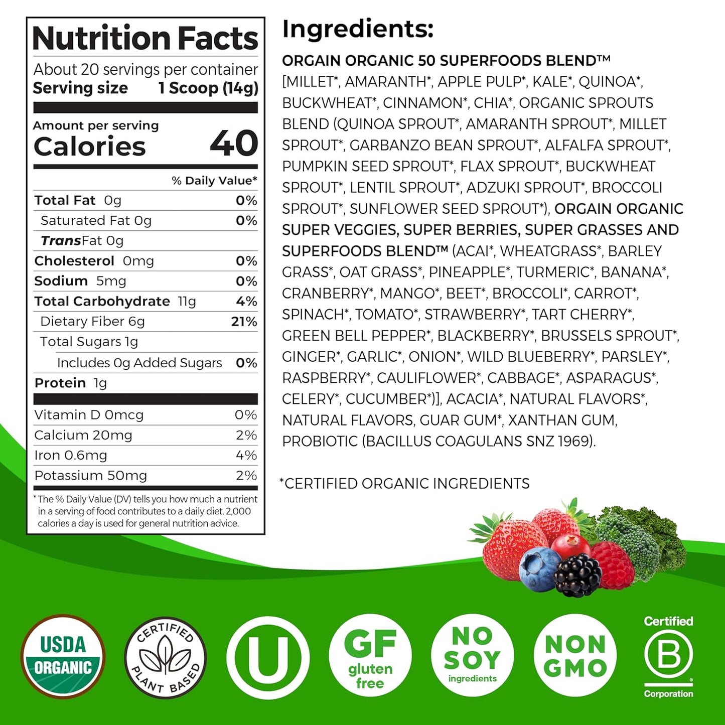 Orgain Berry Organic Greens Powder with 50 Superfoods, 1 Billion Probiotics, Antioxidants, Vegan, Plant-Based, Gluten-Free, Non-GMO - Green Juice & Smoothie Mix