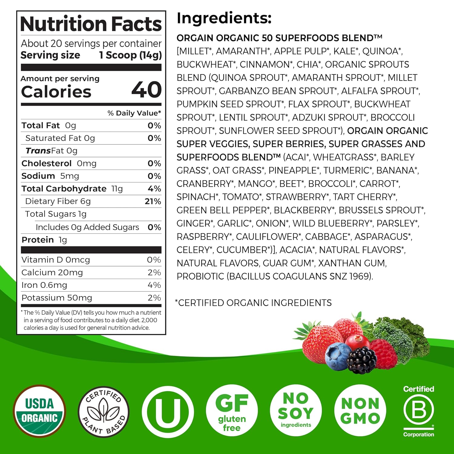 Orgain Berry Organic Greens Powder with 50 Superfoods, 1 Billion Probiotics, Antioxidants, Vegan, Plant-Based, Gluten-Free, Non-GMO - Green Juice & Smoothie Mix