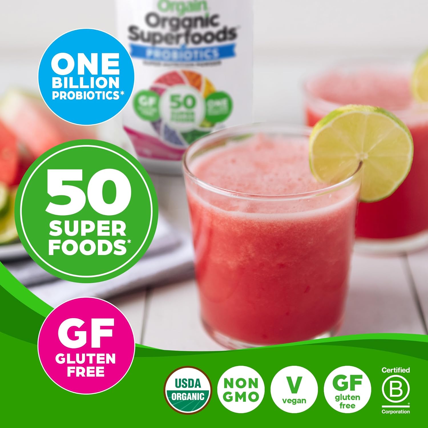 Orgain Berry Organic Greens Powder with 50 Superfoods, 1 Billion Probiotics, Antioxidants, Vegan, Plant-Based, Gluten-Free, Non-GMO - Green Juice & Smoothie Mix