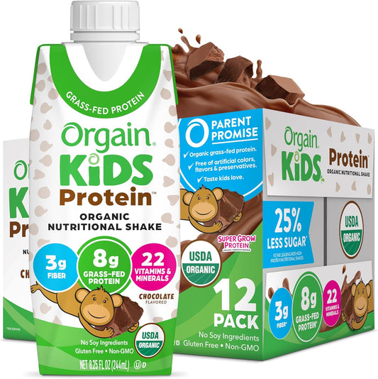 Orgain Organic Kids Chocolate Protein Shake, Healthy Snacks with Dairy Protein, Fiber, Vitamins & Minerals, Soy-Free, Gluten-Free, Non-GMO - 8.25 Fl Oz (Pack of 12)