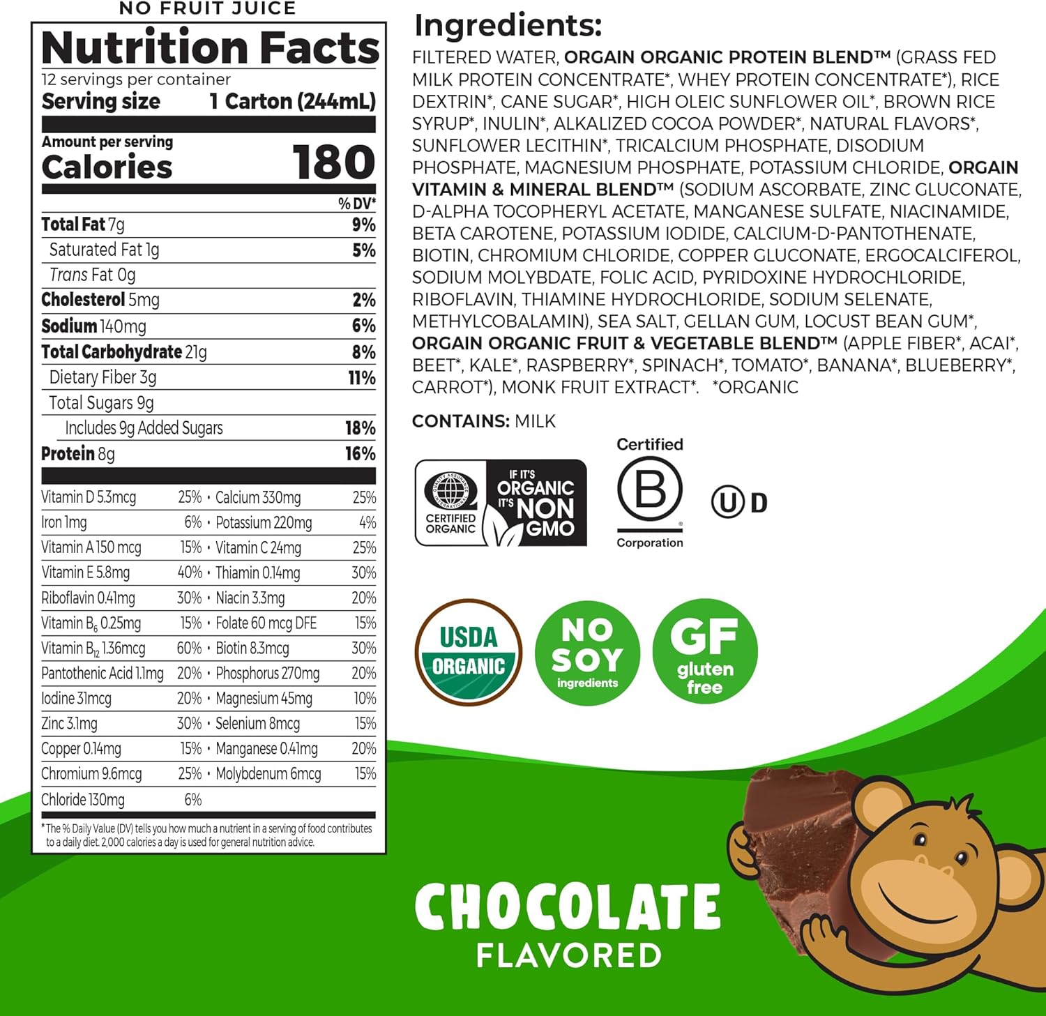 Orgain Organic Kids Chocolate Protein Shake, Healthy Snacks with Dairy Protein, Fiber, Vitamins & Minerals, Soy-Free, Gluten-Free, Non-GMO - 8.25 Fl Oz (Pack of 12)