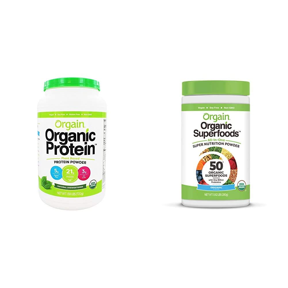 Orgain Organic Plant-Based Protein and Superfoods Greens Powder Bundle - 1.59lb Protein + 0.62lb Greens