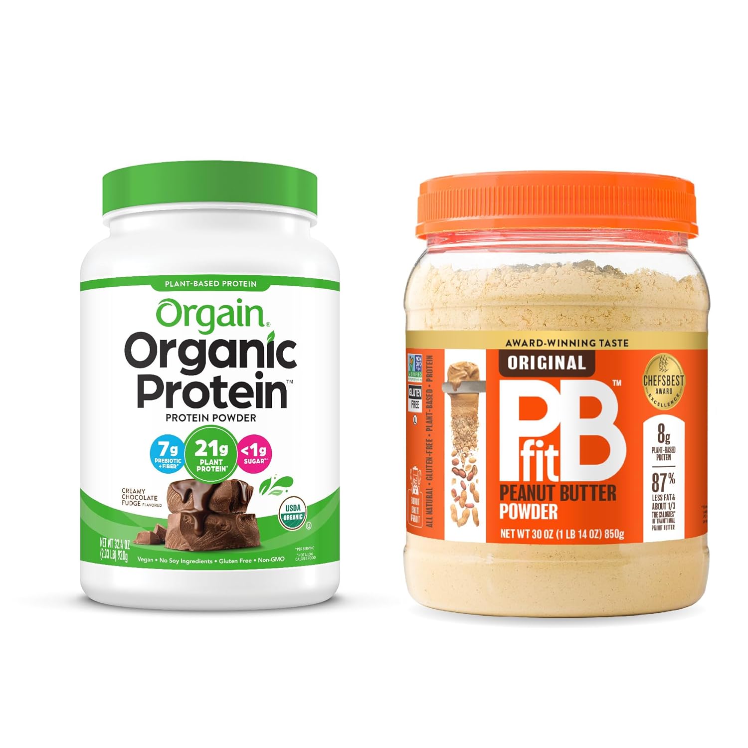 Orgain Organic Vegan Chocolate Fudge Protein Powder + PBfit Original Bundle, 2 lbs + 30 oz