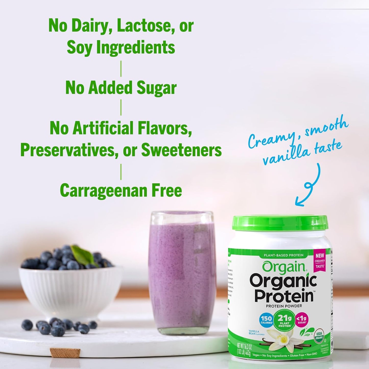 Orgain Organic Vegan Protein Powder, Vanilla Bean - 21g Plant-Based Protein, 4g Fiber, No Lactose, No Sugar, Non-GMO - 1.02 lb