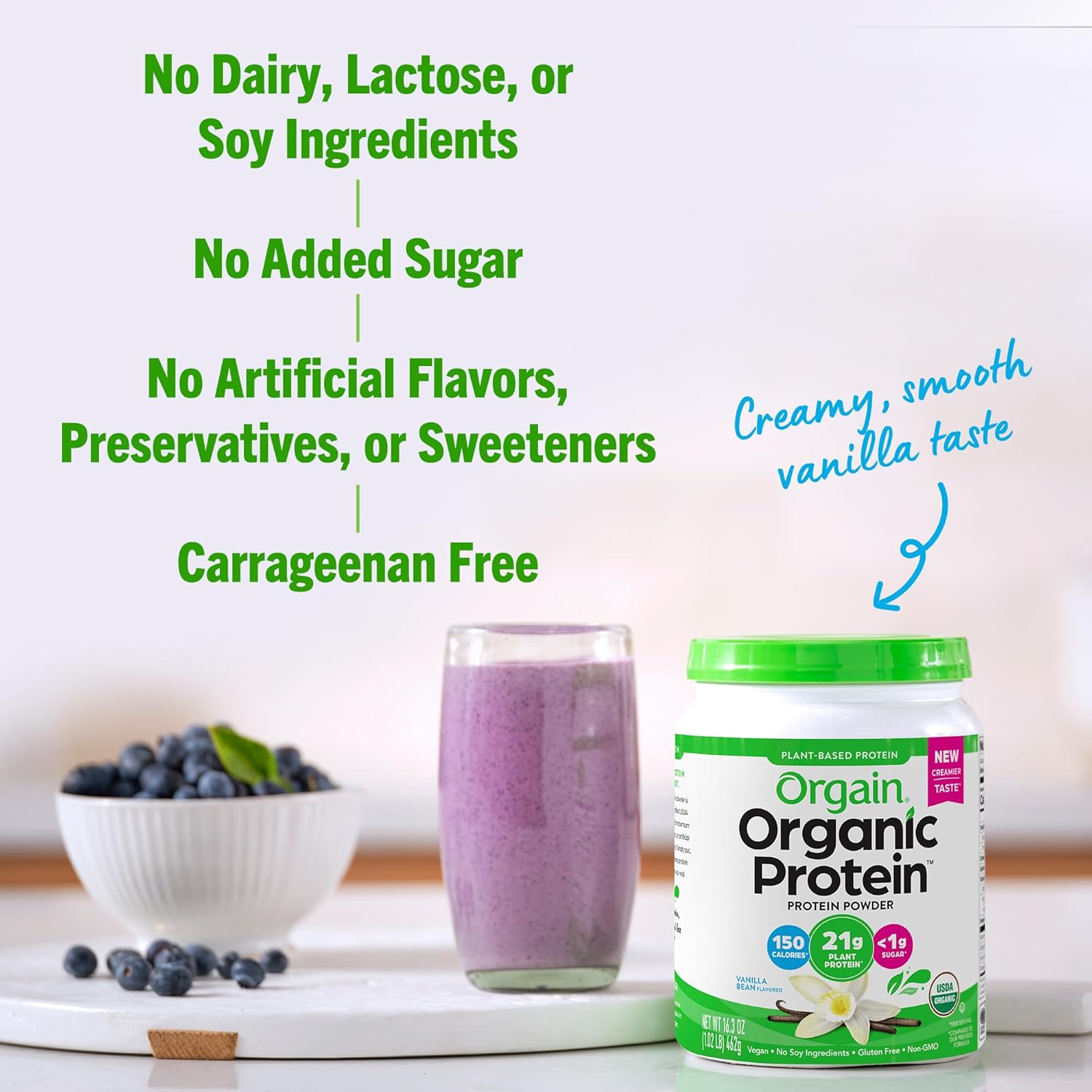 Orgain Organic Vegan Protein Powder, Vanilla Bean - 21g Plant-Based Protein, 4g Fiber, No Lactose, No Sugar, Non-GMO - 1.02 lb