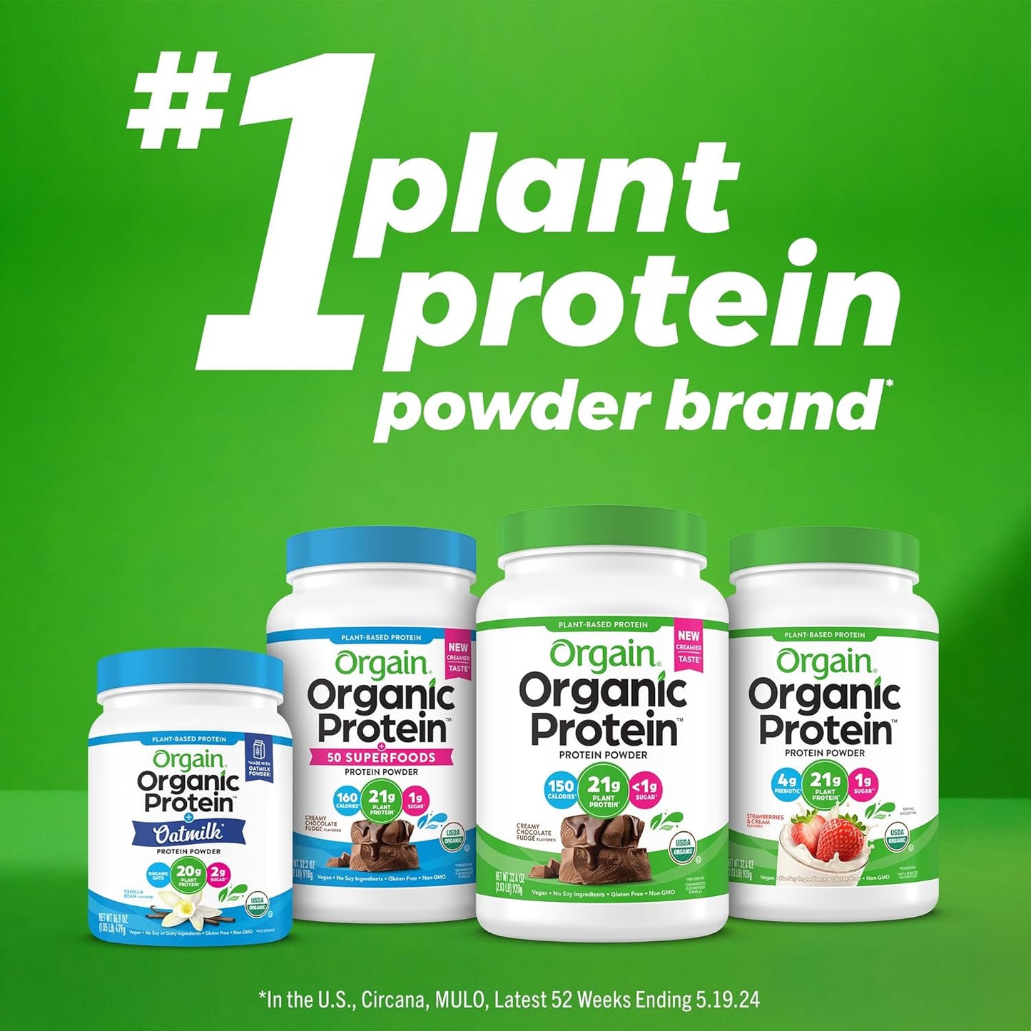 Orgain Organic Vegan Protein Powder with 50 Superfoods - Creamy Chocolate Fudge, 21g Plant Based Protein, 10g Prebiotic Fiber, Non-GMO - 2.02 lb Pack